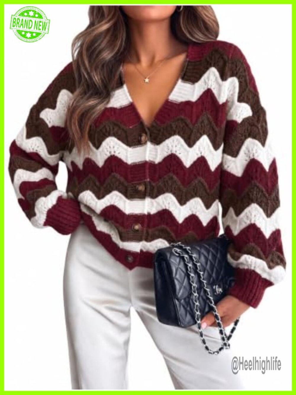 Oversized Striped Chunky Knit Cardigan Button Down V Neck Long Sleeve